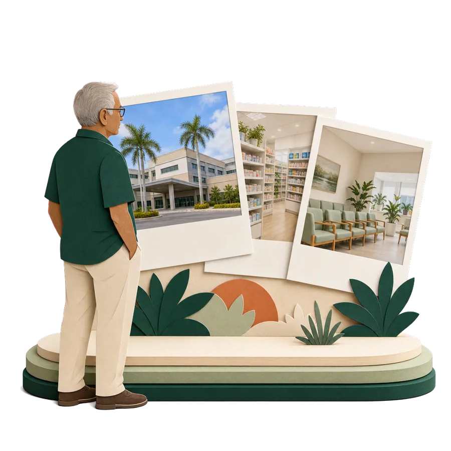 A retiree looks at photos of a private hospital in Malacca, a pharmacy and a clinic, for health care in Malaysia