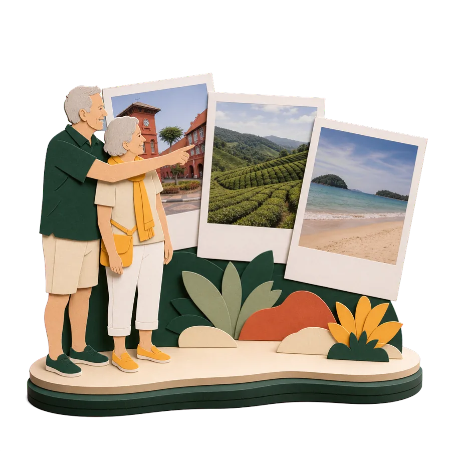 Retirees in Malaysia look at photos of Dutch Square in Malacca, Cameron Highlands tea fields and a Langkawi beach