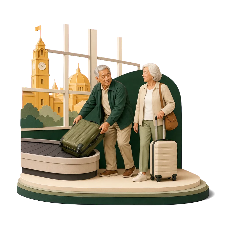 A retired couple collect their suitcase at a baggage carousel, for getting to Malta and coming home