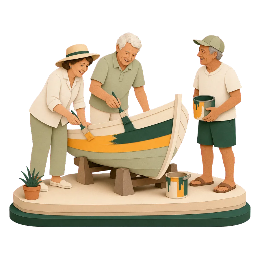 A retired couple help a fisherman paint his small wooden boat, for who Malta suits and what to weigh up