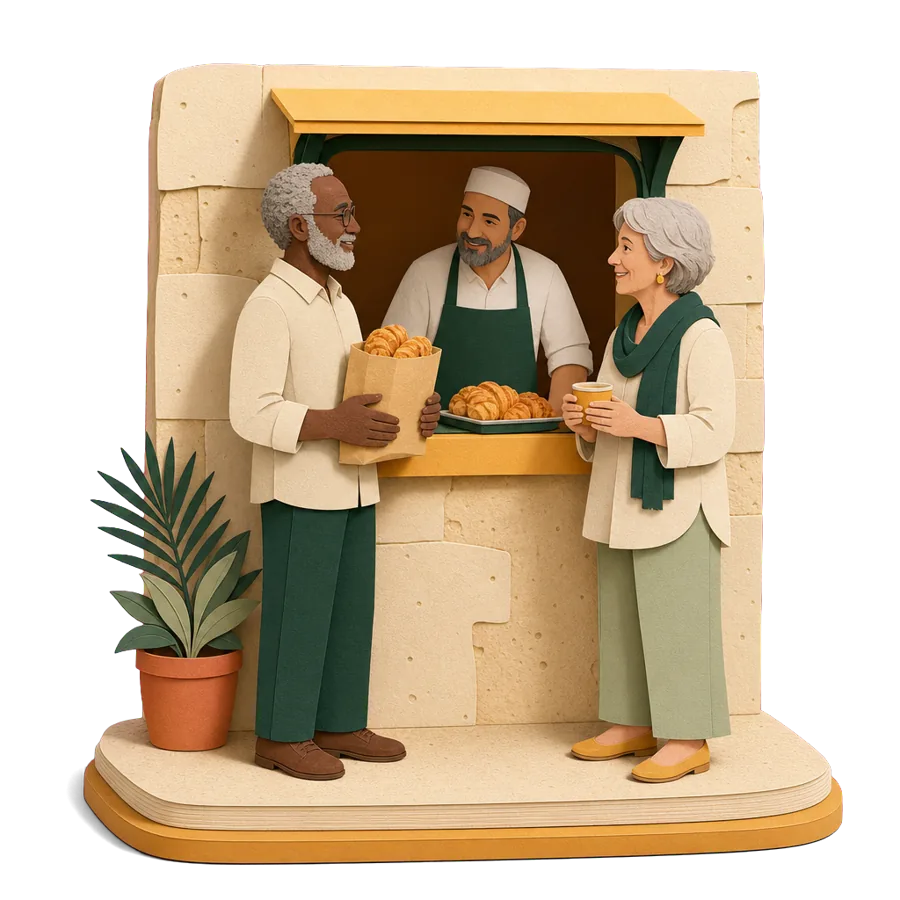 A retired couple buy flaky pastries and tea at a shop hatch, for what a month costs in Malta