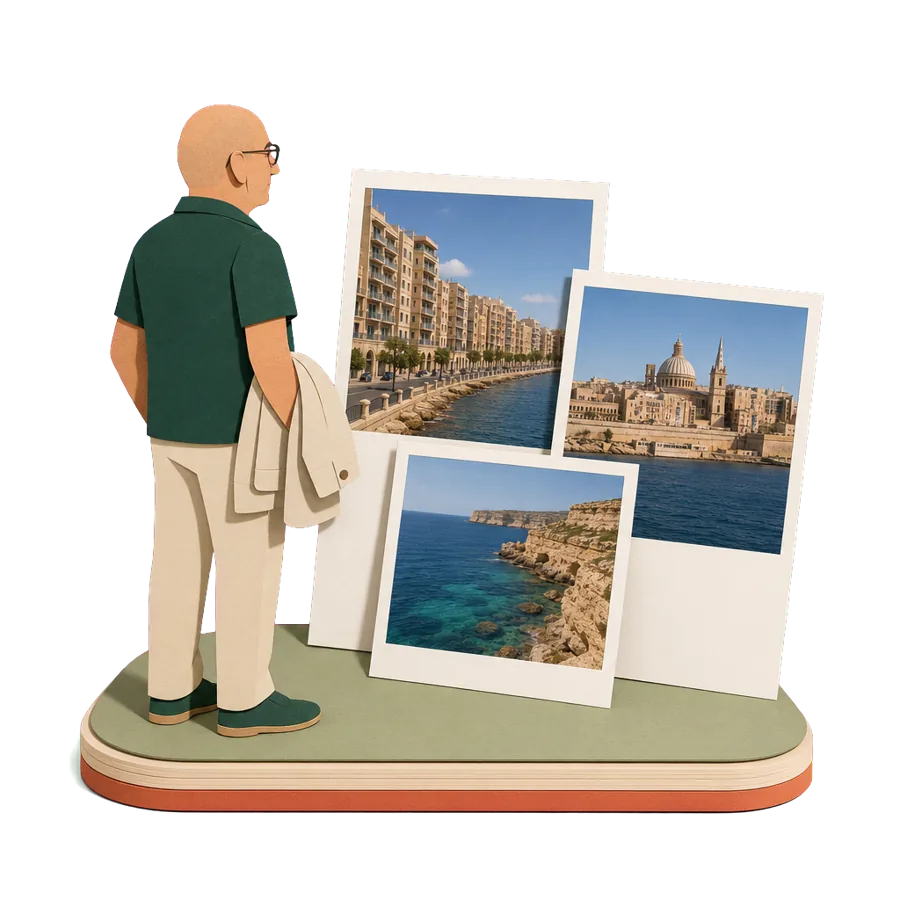 A retiree in Malta looks at photos of the Sliema promenade, Valletta's harbour and the coast of Gozo