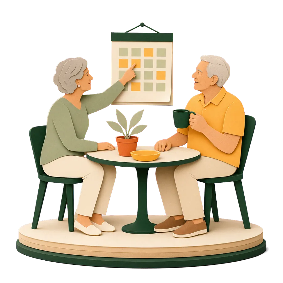 A couple plan at a calendar with alternating blocks, for mixing dearer and cheaper long stays in retirement