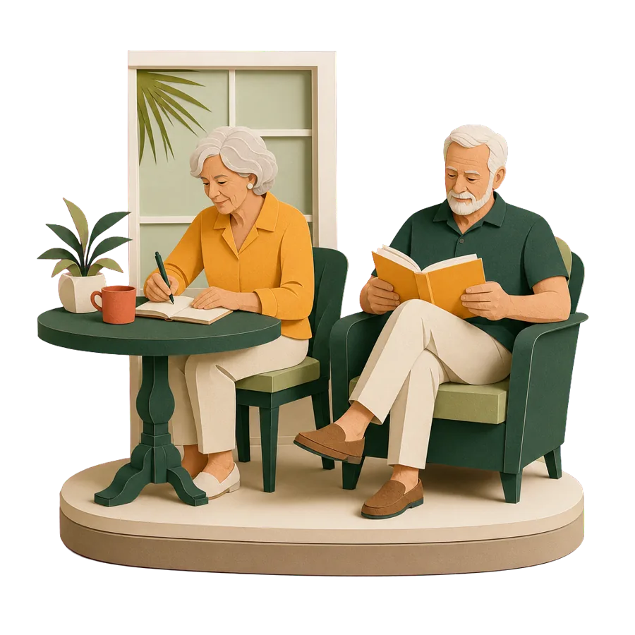 A retired woman writes in a notebook while her husband reads, for a writing routine while slow travelling