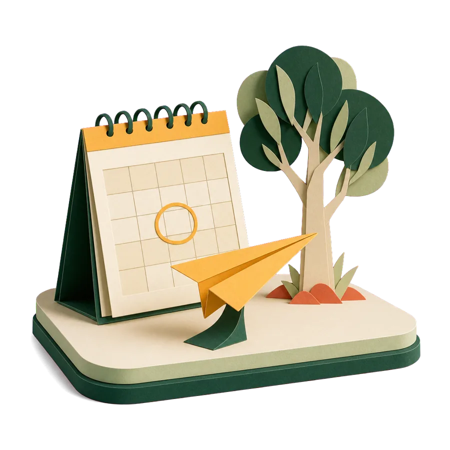 A calendar with one month circled and a plane pointing to a gum tree, for flying home each year to renew insurance