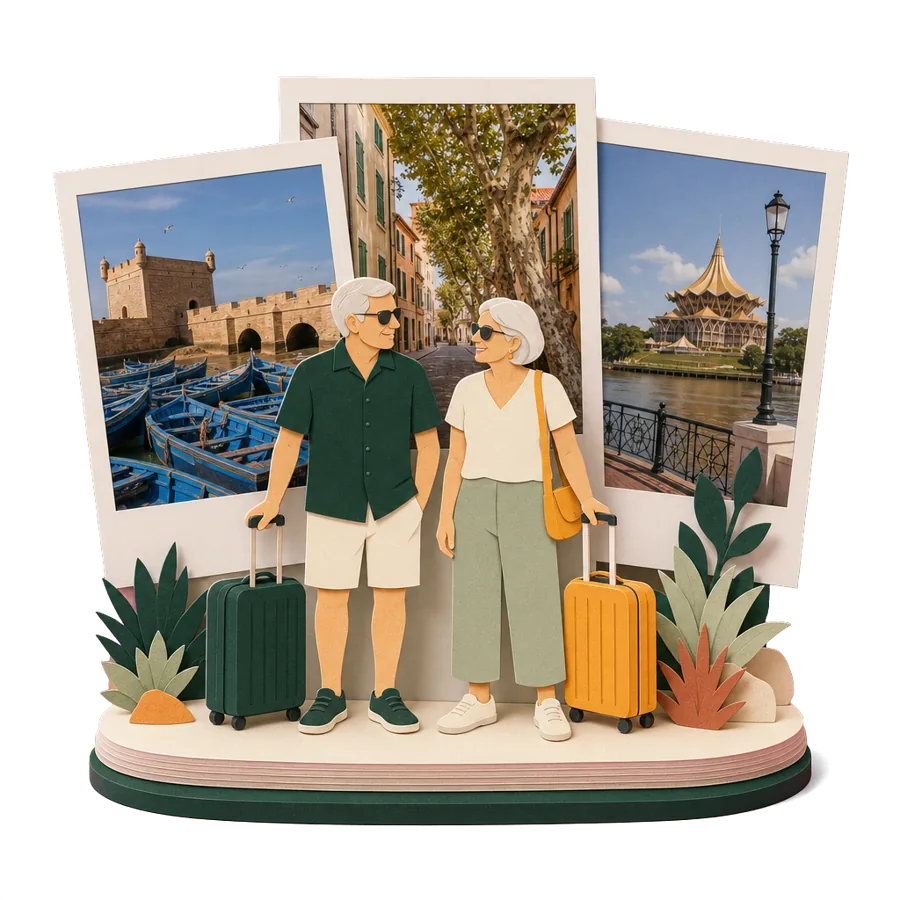 A couple with suitcases beside photos of Essaouira harbour, a street in Céret, France and the Kuching waterfront
