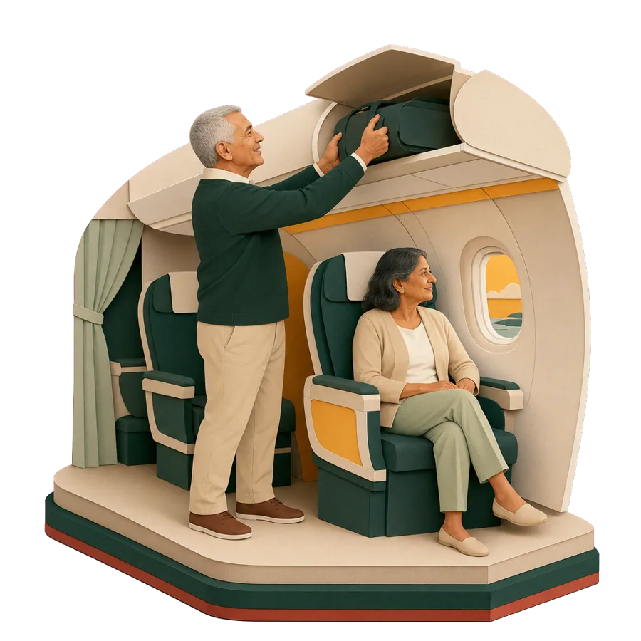 A retired man lifts a cabin bag into an overhead locker, for getting to Mauritius and coming home