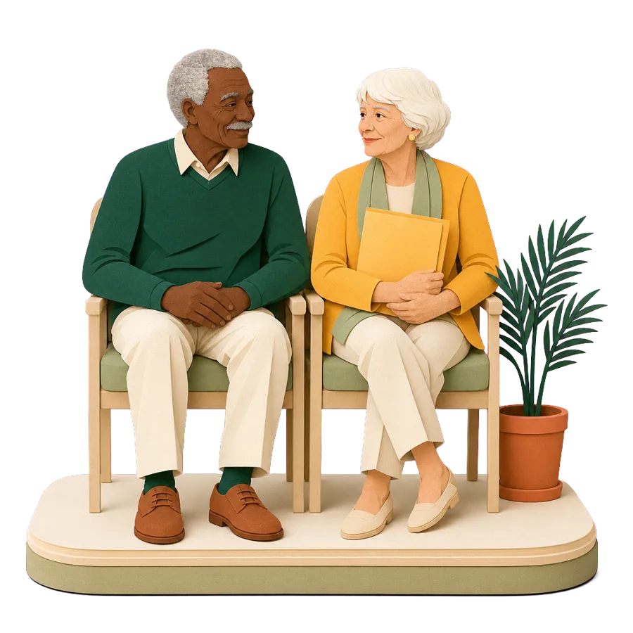 A retired couple wait together on chairs in a calm clinic, for health care and insurance in Mauritius