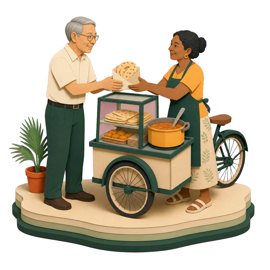 A retired man buys a folded flatbread from a street food cart, for what a month costs in Mauritius