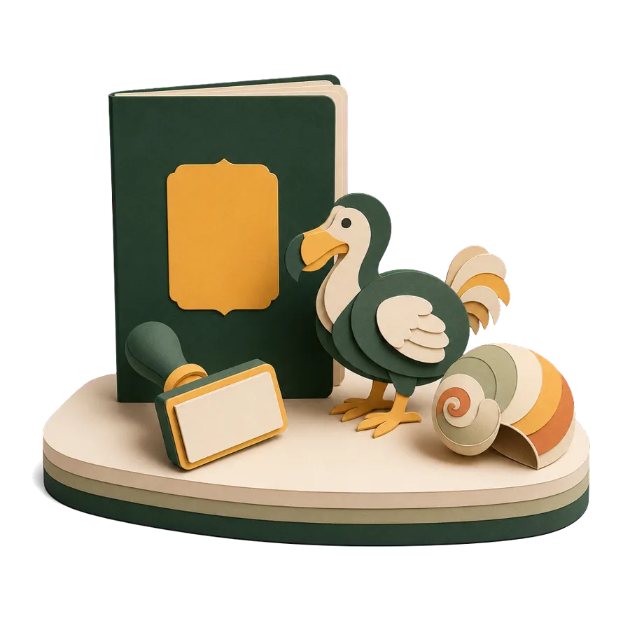 A generic passport with a blank stamp beside a paper dodo and a seashell, for Mauritius visas