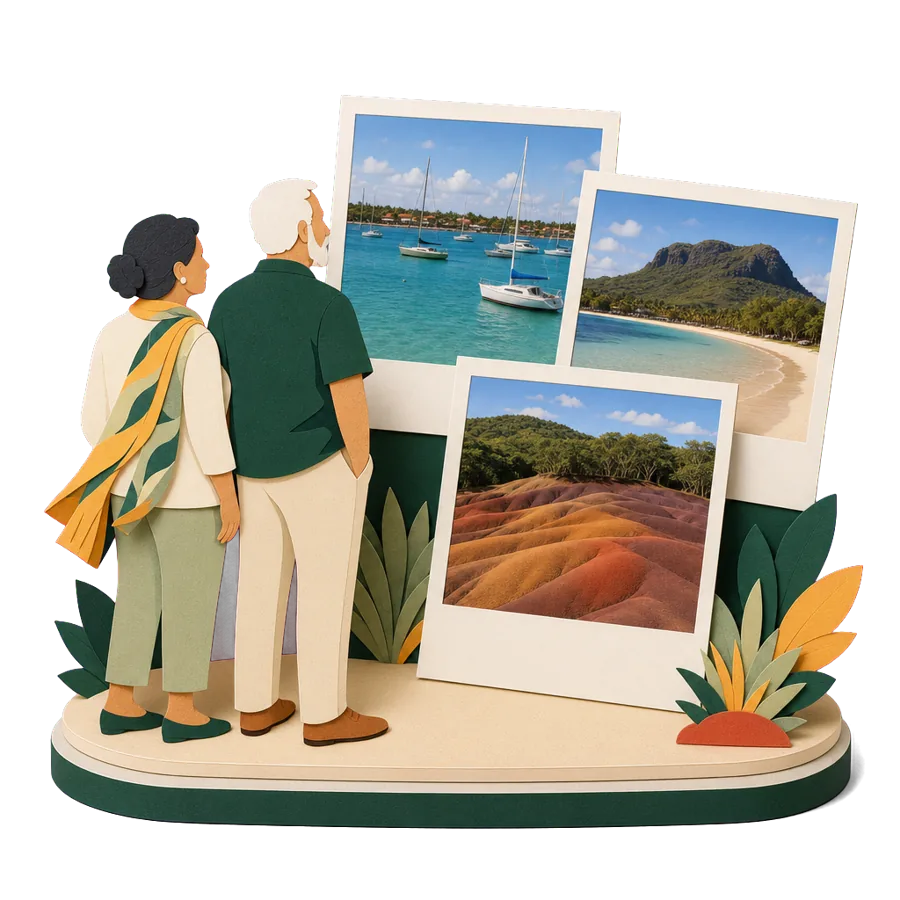 Retirees in Mauritius look at photos of Grand Baie, Tamarin bay and the coloured earth at Chamarel
