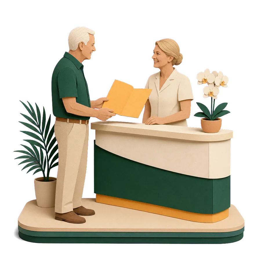 A man in his early 70s at a clinic overseas showing his insurance, in a country without a Medicare agreement