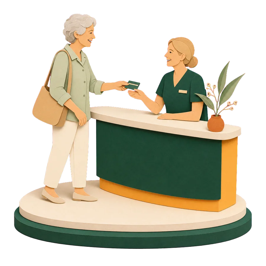 A woman in her early 70s using her generic health card at her GP, keeping Medicare while overseas part of the year
