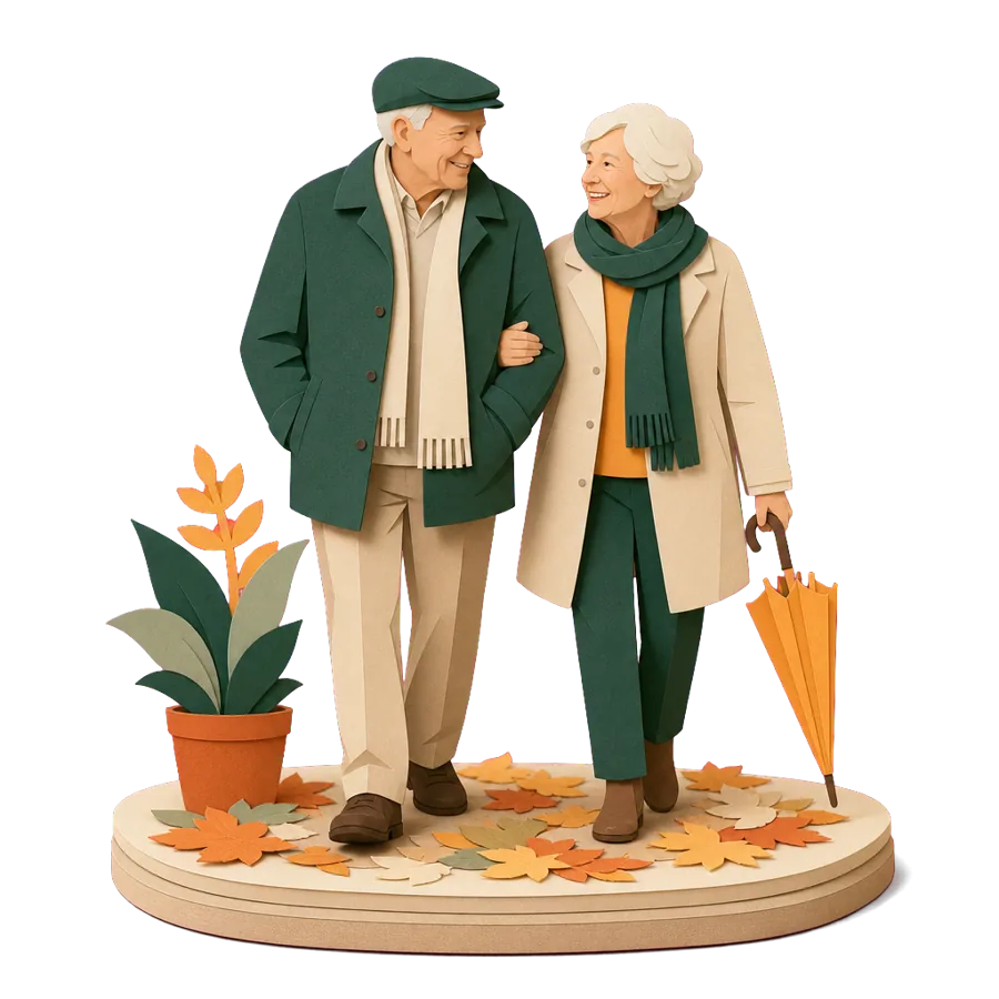 A couple in their early 70s in autumn coats on a trip to London, showing how Medicare overseas works on two trips