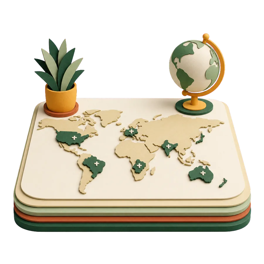 A paper world map with a few countries marked by crosses, the reciprocal health care agreement countries for Medicare