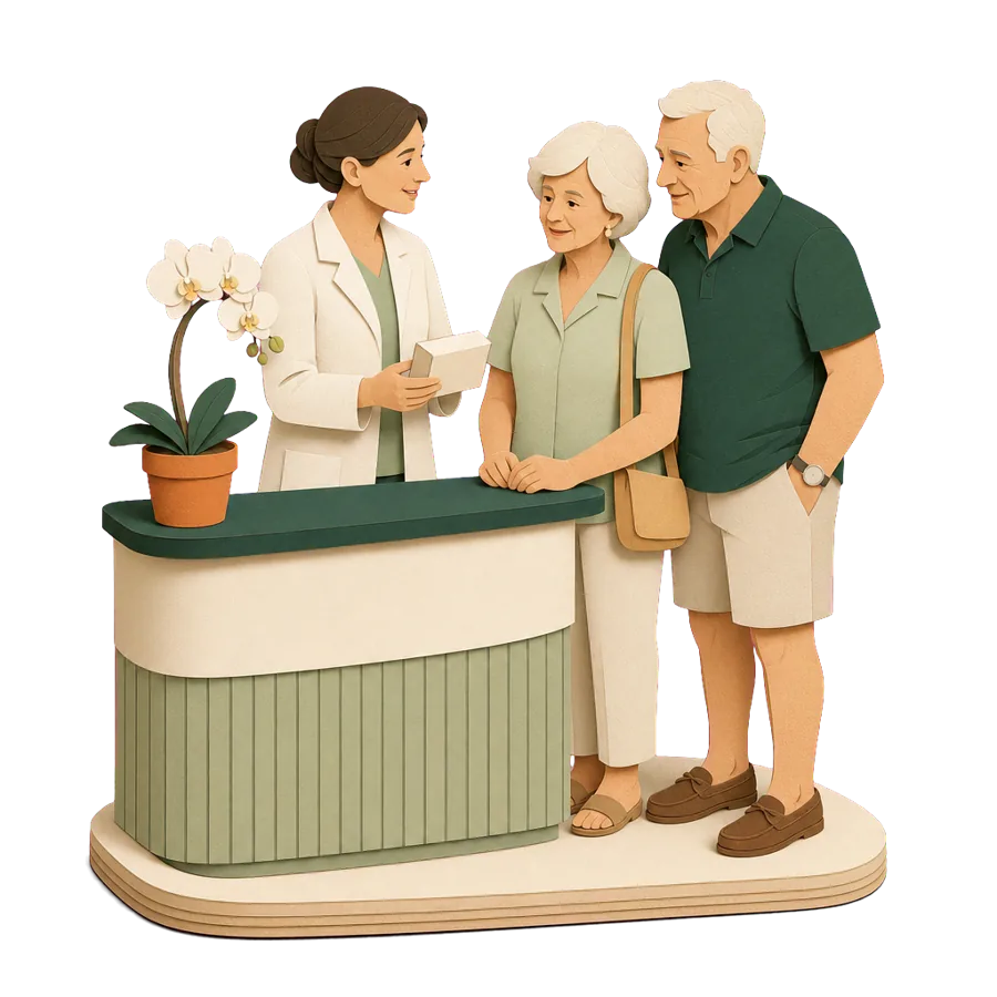 A couple around 70 at a pharmacy counter overseas, asking what to do if they run out of medicine