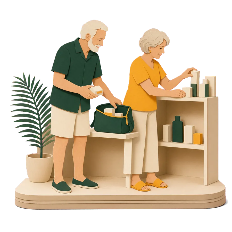 A man around 70 and his wife unpacking his medicines on arrival for a 3 month stay overseas