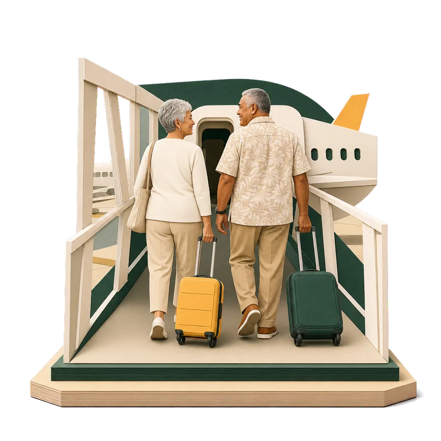 A retired couple wheel cabin bags along a jet bridge to the plane, for getting to Mexico and home