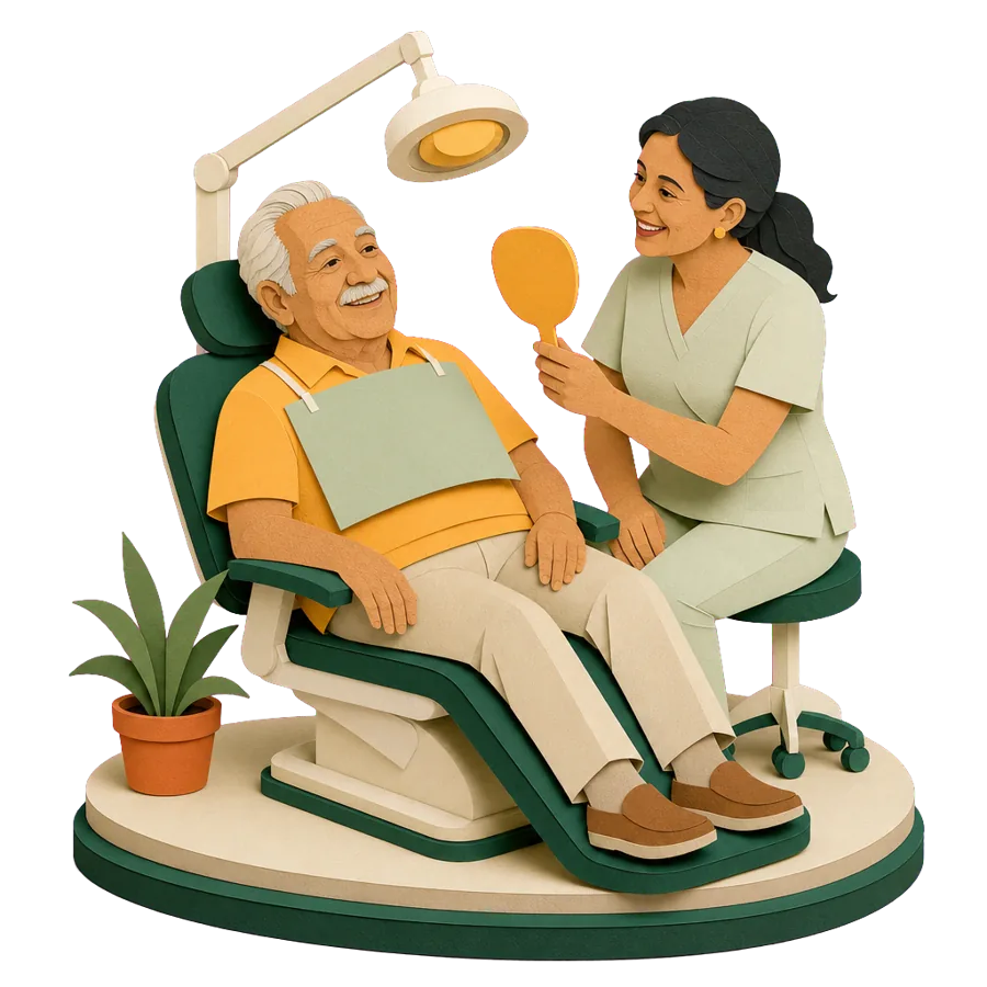 A retired man in a dental chair talks with his dentist, for health care and insurance in Mexico