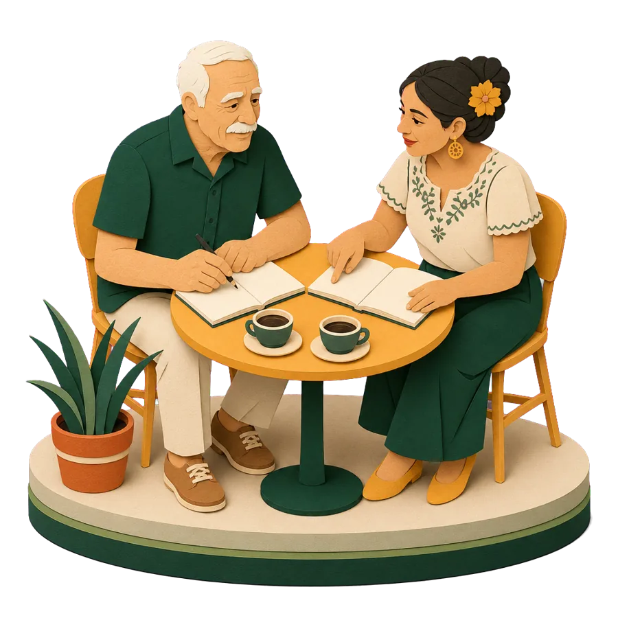 A retired man has a Spanish lesson with a tutor at a cafe table, for who Mexico suits