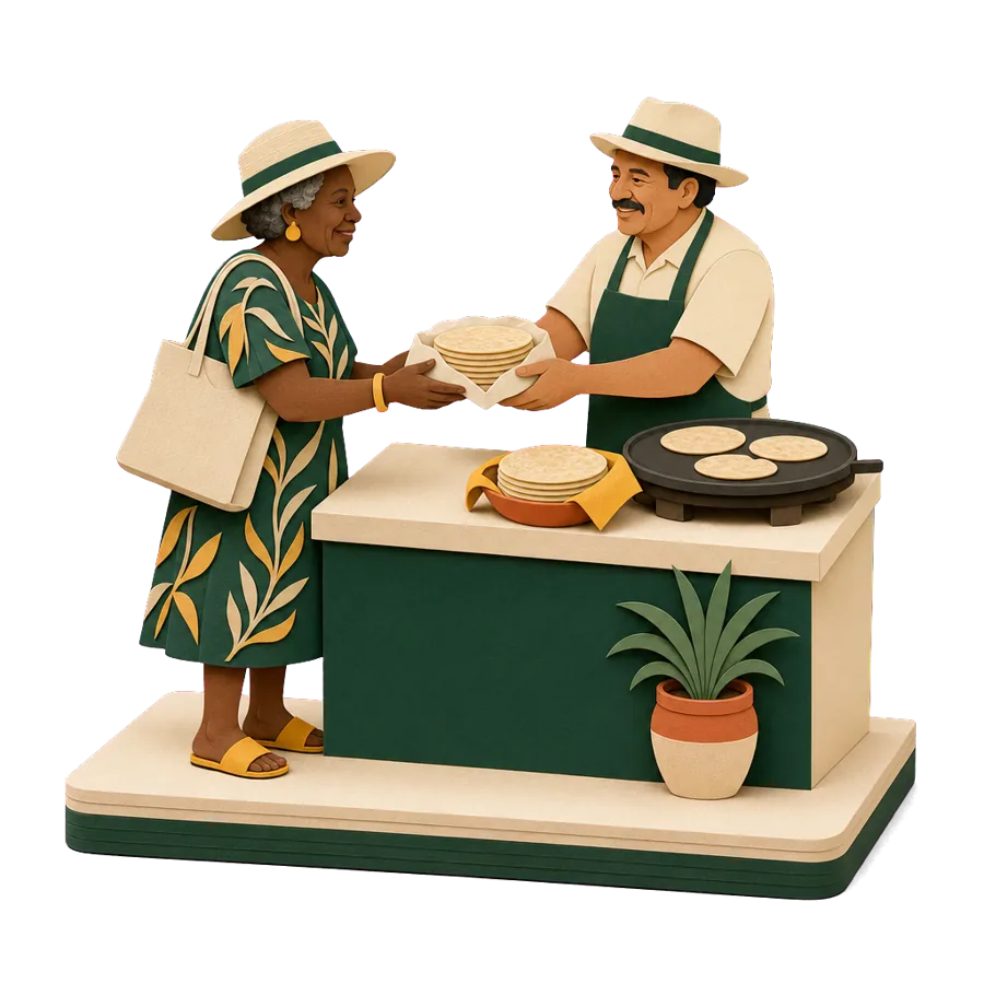 A retired woman buys warm tortillas at a tortilla shop, for what a month costs in Mexico