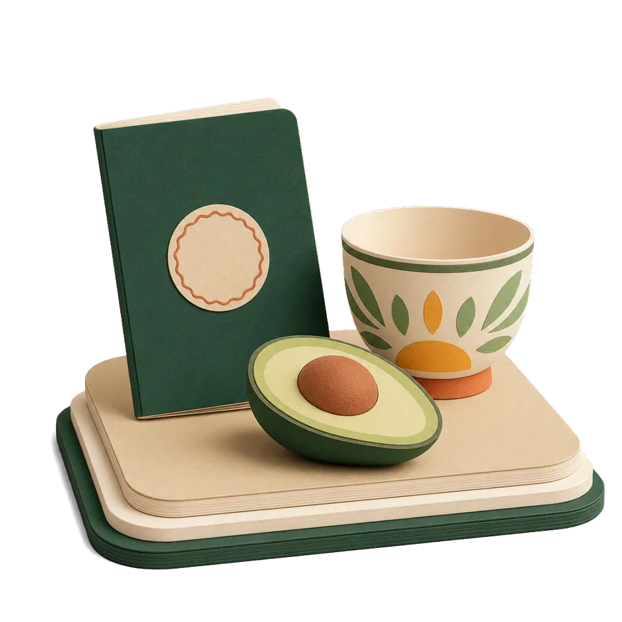 A generic passport with a blank stamp, a painted bowl and an avocado, for Mexico visas for Australians