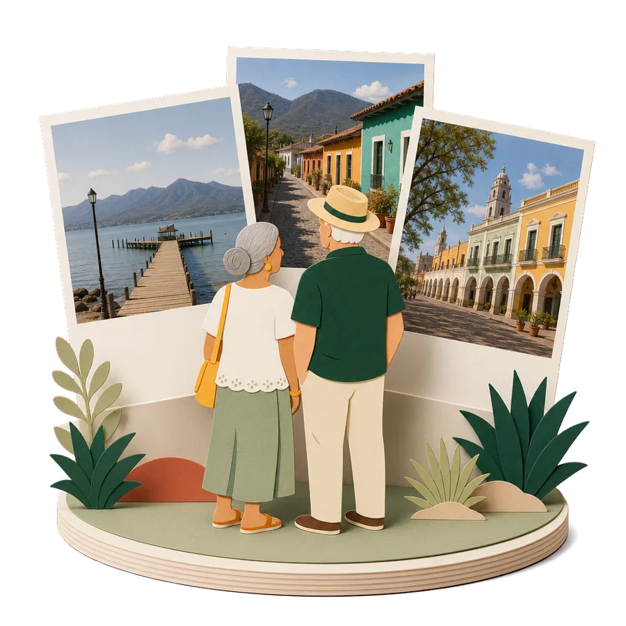 Retirees in Mexico look at photos of the Lake Chapala pier, an Ajijic street and the main square of Merida