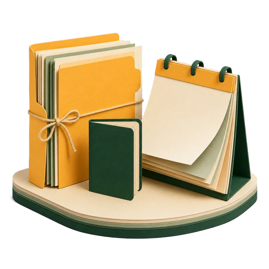 A thick folder of forms, a passport and a desk calendar with many pages turned, for a French visa that took 27 months