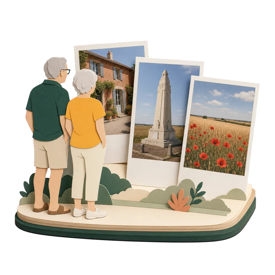 A couple look at photos of an old French farmhouse, a stone memorial tower and poppies in a wheat field