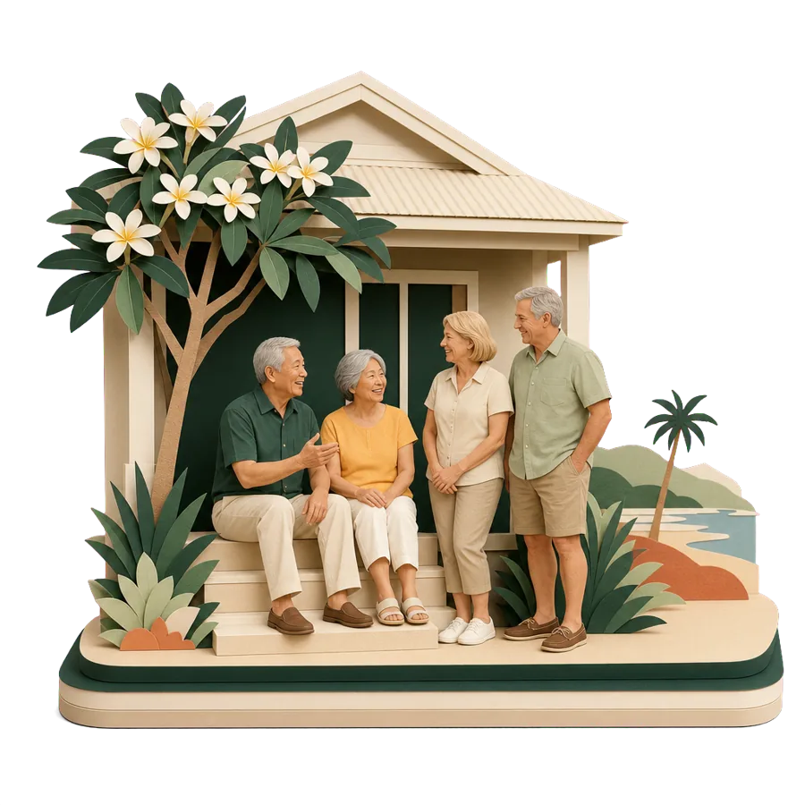A retired couple chat with local neighbours on the front step of their new home, after moving overseas for good