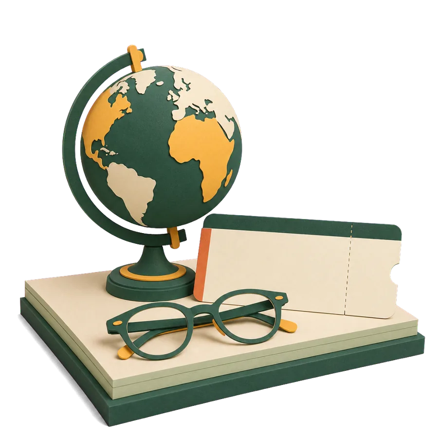 A paper globe beside a blank boarding pass and reading glasses, for a one-way move overseas in retirement