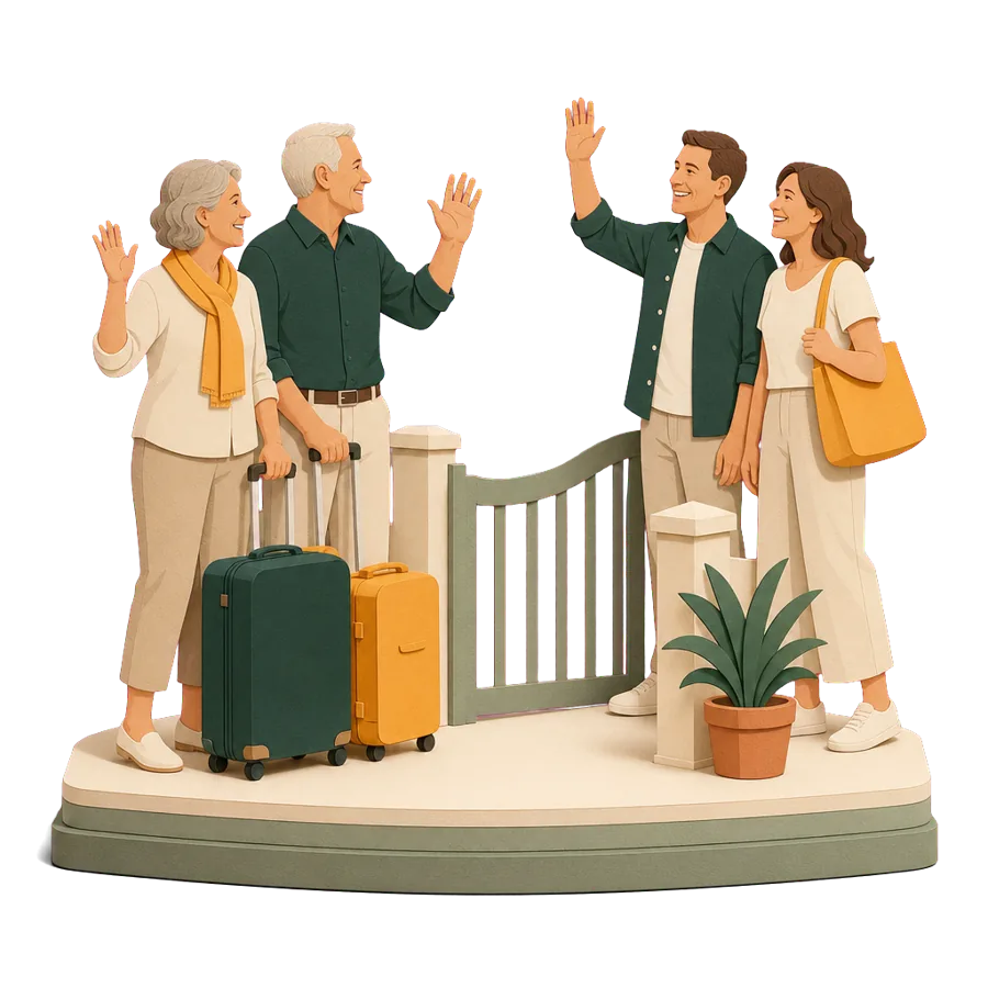 A retired couple with suitcases say goodbye to their adult children at the front gate, moving overseas for good
