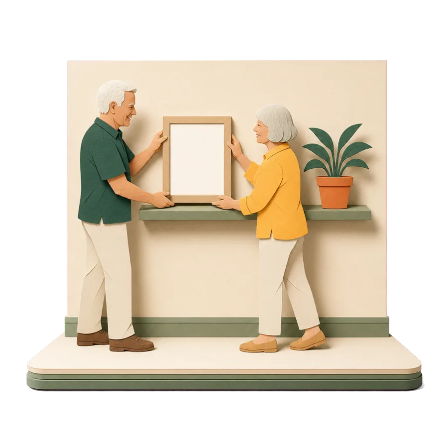 A retired couple place a picture frame on a shelf in their new home overseas, settling in after moving for good