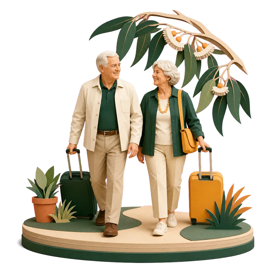 A couple around 70 walking up the garden path with suitcases, coming back to Australia after moving overseas