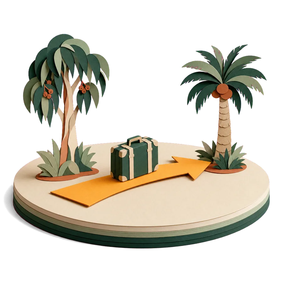 A paper arrow from a gum tree to a palm tree with a suitcase, what happens to your Age Pension when you move overseas