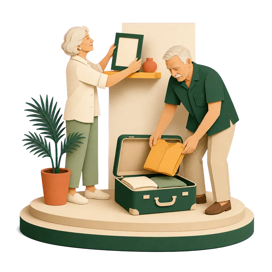 A couple in their late 60s settling into a new apartment after moving overseas for good on the Age Pension