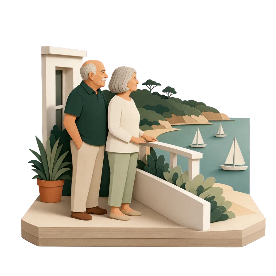 A retired couple stand on an apartment balcony above a calm bay with sailing boats, for where Australians live in New Caledonia