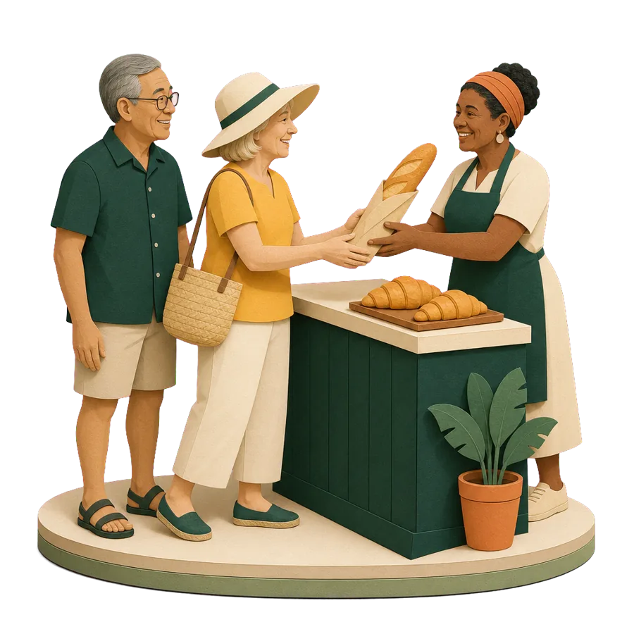 A retired couple buy a baguette at a bakery counter from a baker, for what a month costs in New Caledonia