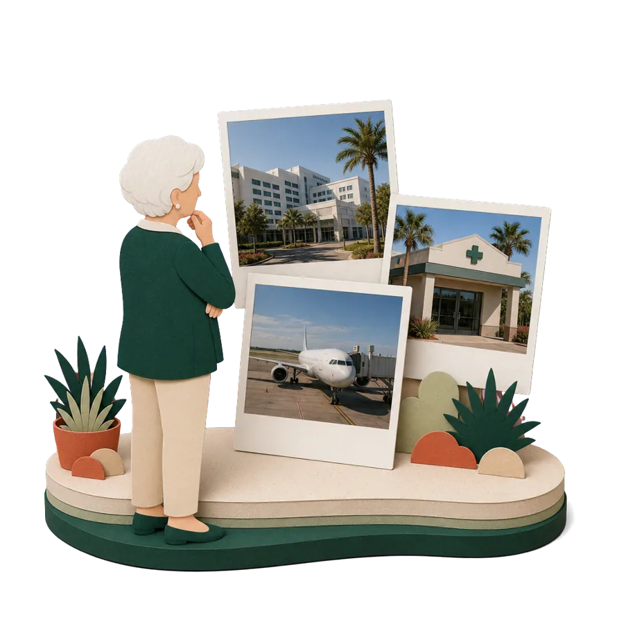 A retired woman looks at photos of a large hospital, a pharmacy and a plane at the airport, for health care in New Caledonia