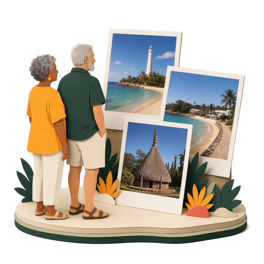 Retirees in New Caledonia look at photos of the Amédée lighthouse, a Nouméa bay and a Kanak great house