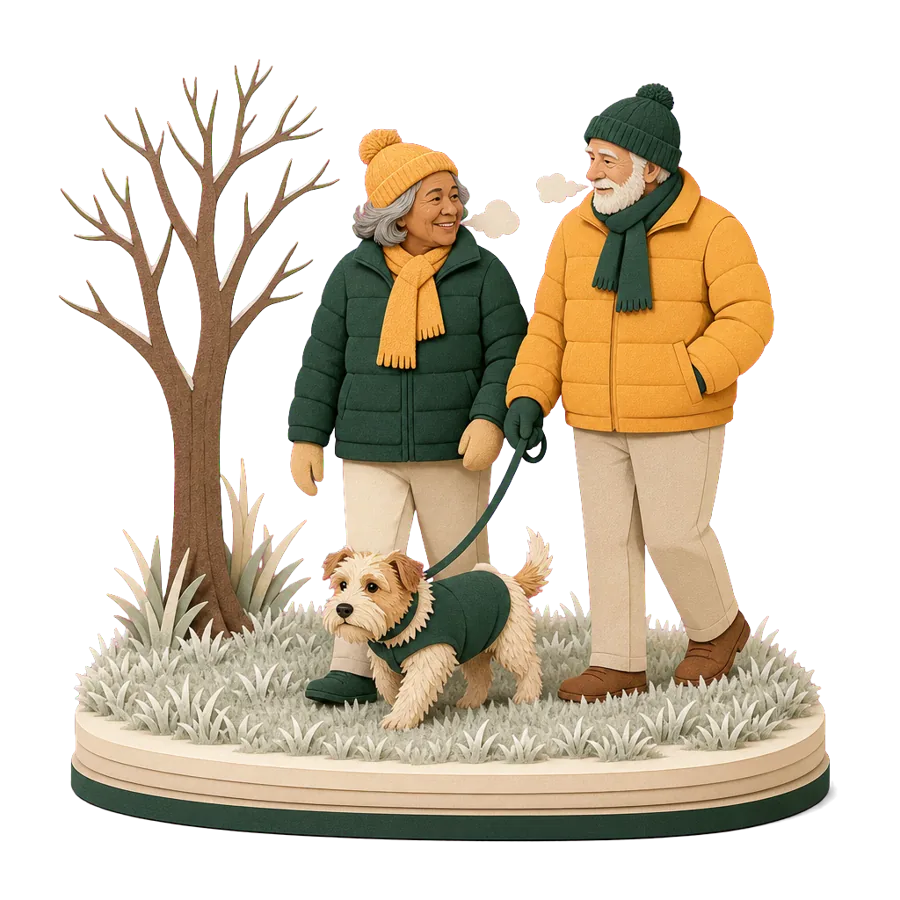 A retired couple in puffer jackets walk a small dog on a frosty morning, for who New Zealand suits and its winters