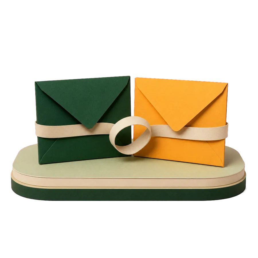 Two plain envelopes joined by a ribbon, for how the Age Pension and NZ Super work together in New Zealand