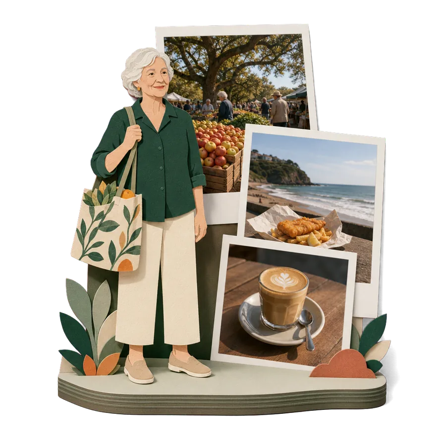 A retiree with a shopping bag beside photos of a farmers market, fish and chips at Sumner and a flat white in NZ