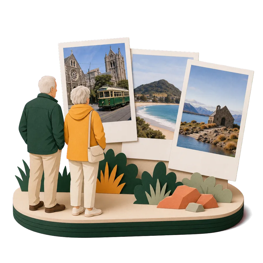 Retirees in New Zealand look at photos of the Christchurch tram, Mount Maunganui and the church at Lake Tekapo