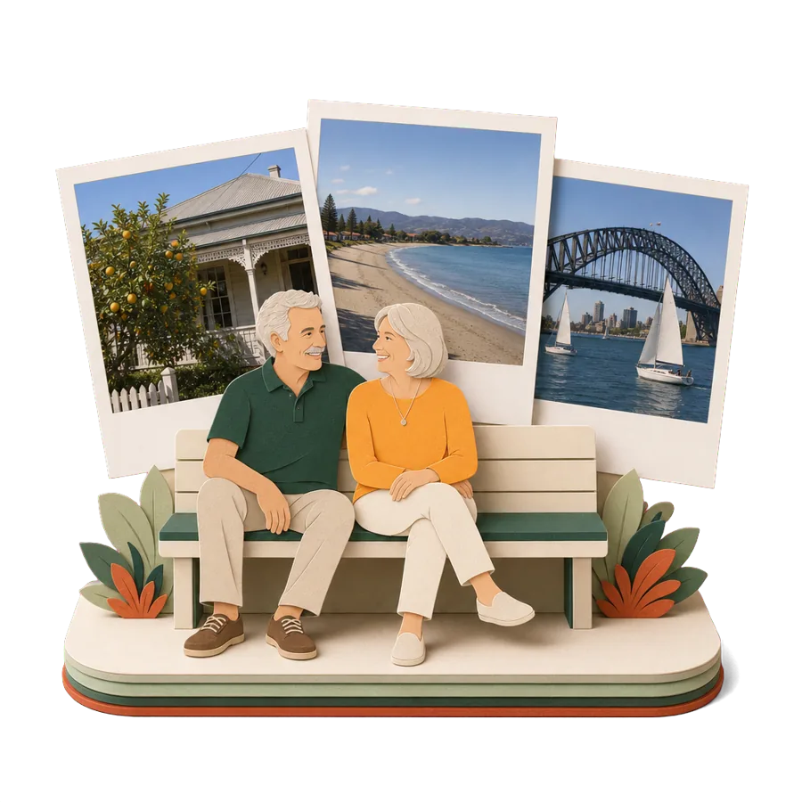 Retirees on a bench beside photos of a Christchurch weatherboard house, Nelson’s Tahunanui beach and Auckland harbour