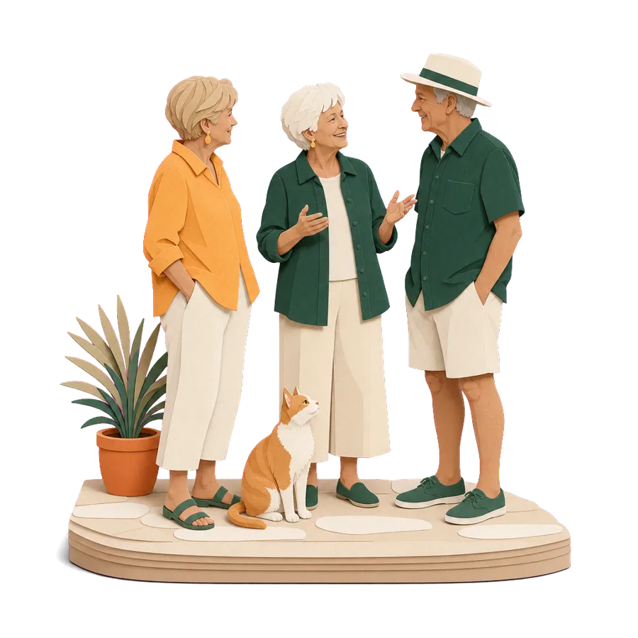 A woman in her 70s chats with two neighbours in a whitewashed street with a cat at her feet, for being part of the town