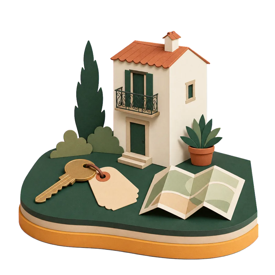 A house key, a paper model of a whitewashed house and a folded map, for buying a home in a Spanish town