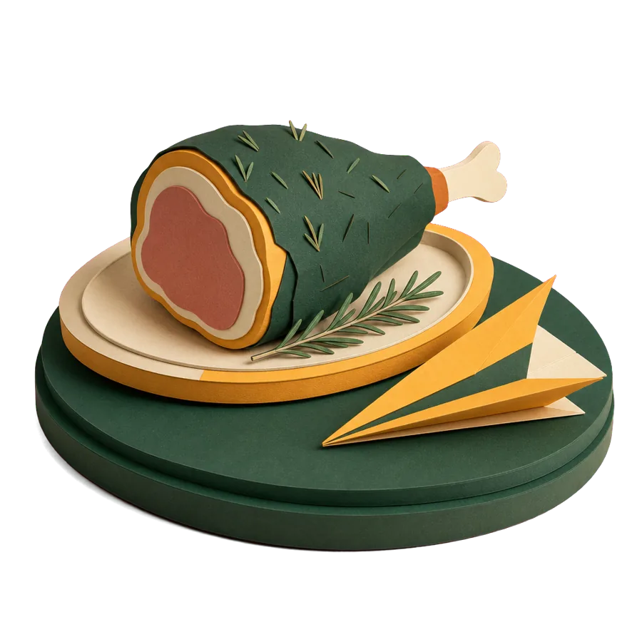 A paper roast leg of lamb with rosemary beside a paper plane, for the taste of home she misses in Spain