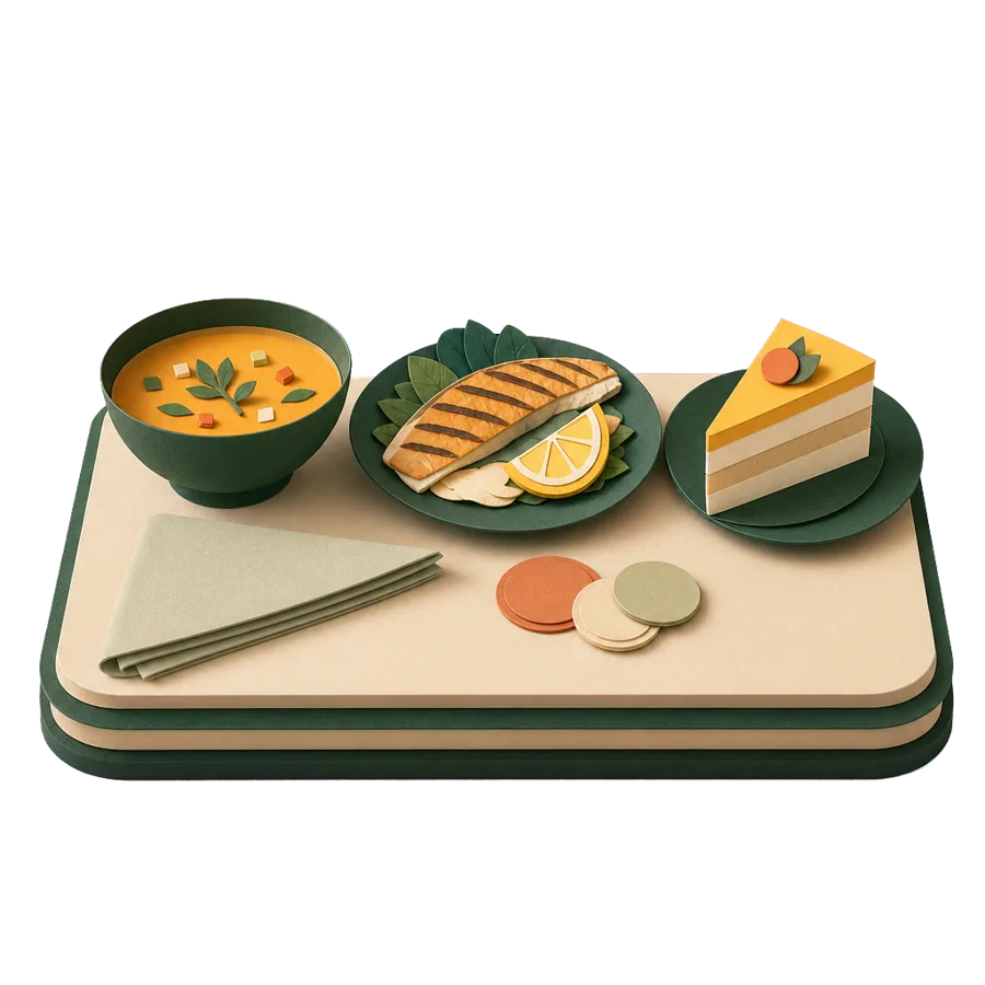 Three small paper dishes for a three-course meal beside plain coins, for the cost of eating out in Spain in 2018