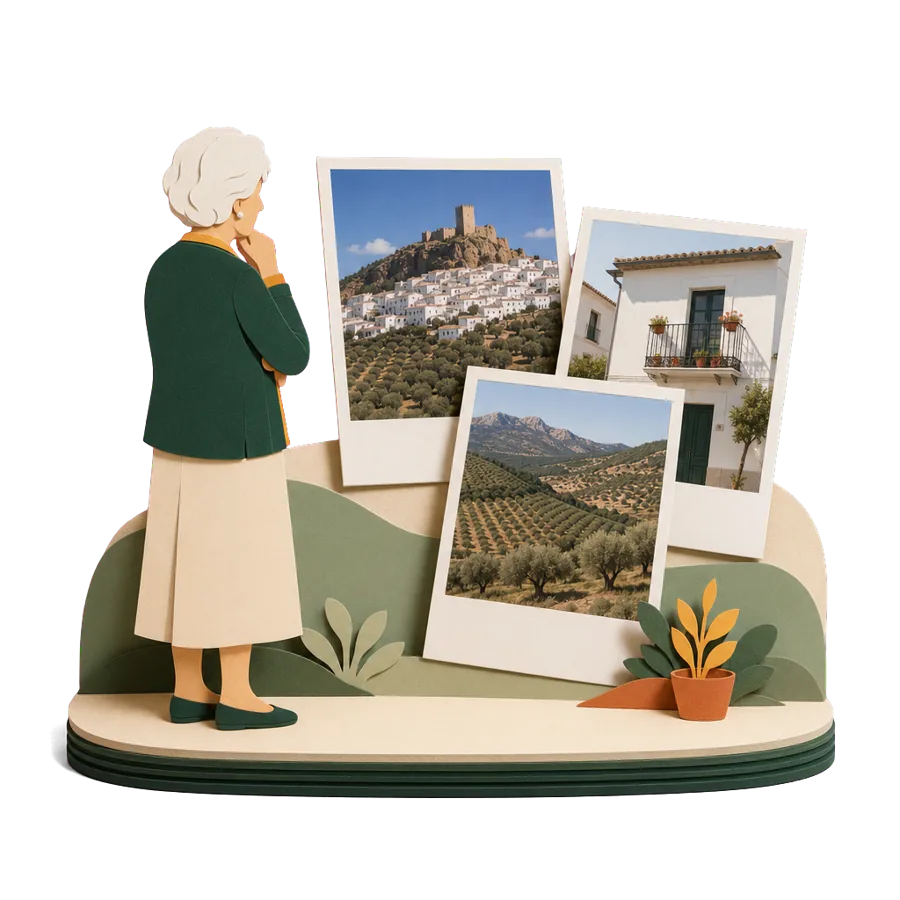 A woman looks at photos of a white hill town below a rocky peak, olive groves and a whitewashed house, in Andalusia